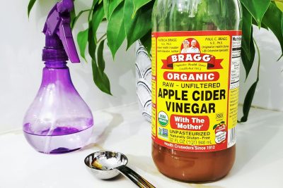 Apple cider vinegar bottle with spray bottle and spoon near an indoor plant. Bouteille de vinaigre de cidre avec vaporisateur et cuillère près d'une plante d'intérieur.