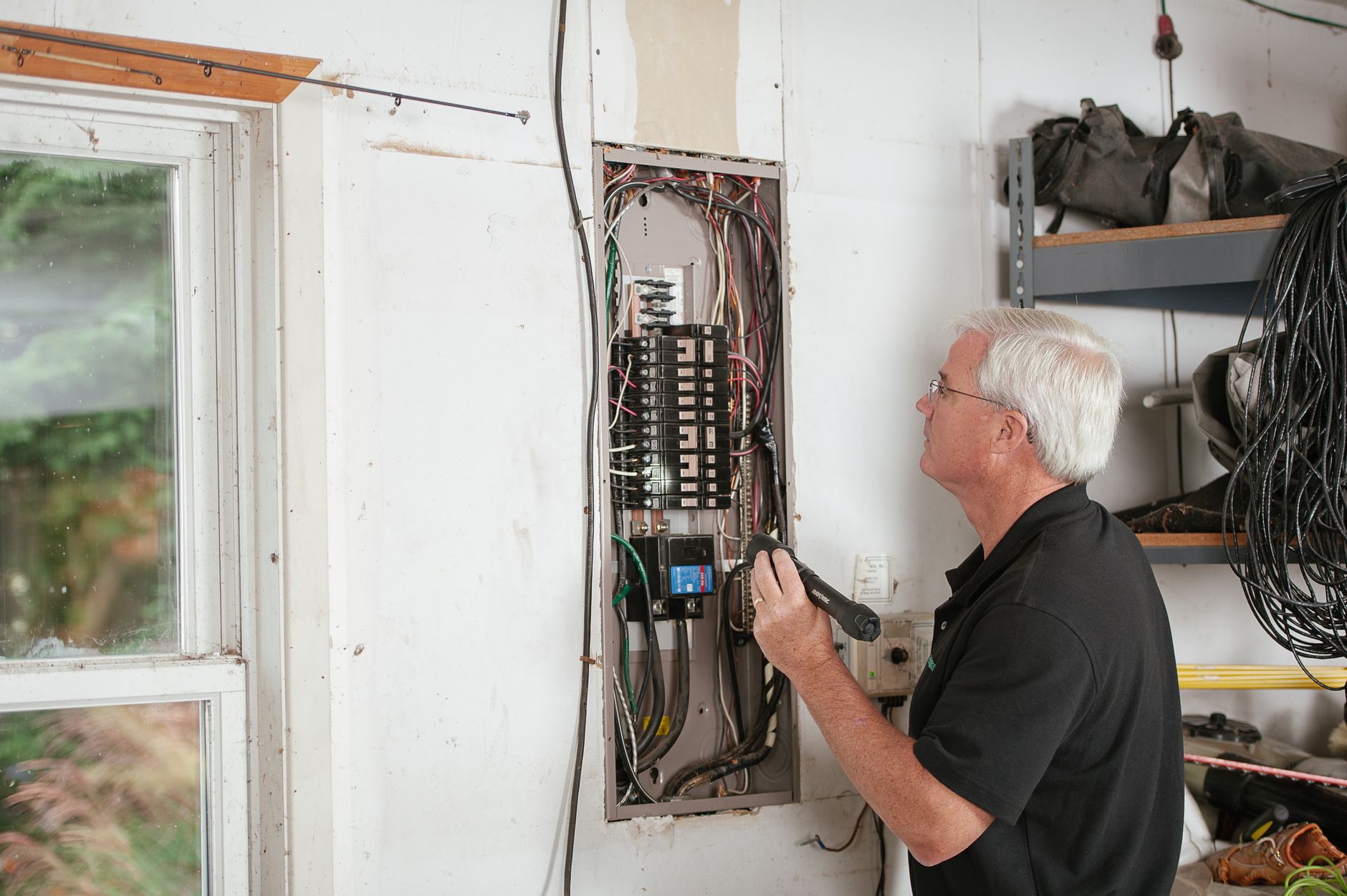 Électricien vérifiant un tableau de disjoncteurs